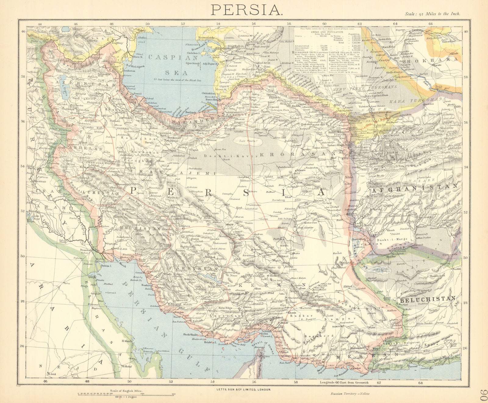 PERSIA/IRAN. Ottoman Iraq. Caspian Sea. Afghanistan. LETTS 1892 old map